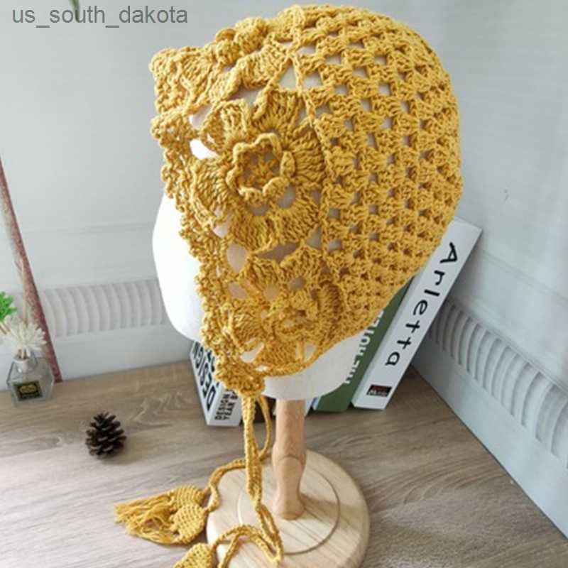 

Handmade knitted hat women's pure cotton wool crocheted hollow beret hat autumn winter fashion forest outdoor flower pullove hat L230523, Yellow