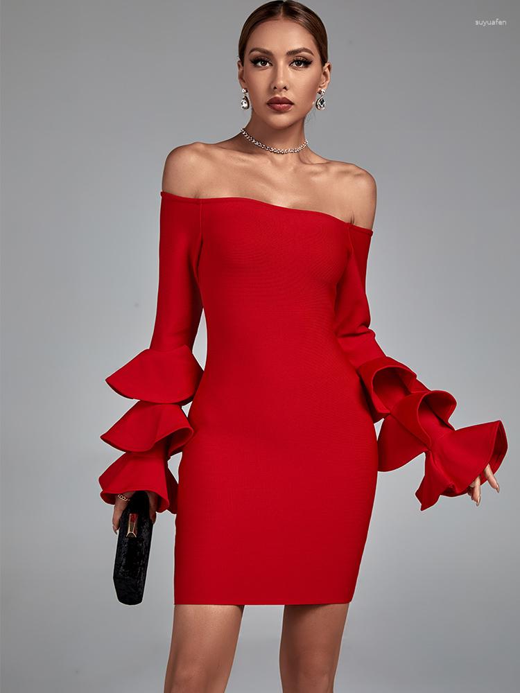 

Casual Dresses Long Sleeve Bandage Dress Red Bodycon Evening Party Elegant Sexy Off Shoulder Birthday Club Outfit 2023 Autumn Winter