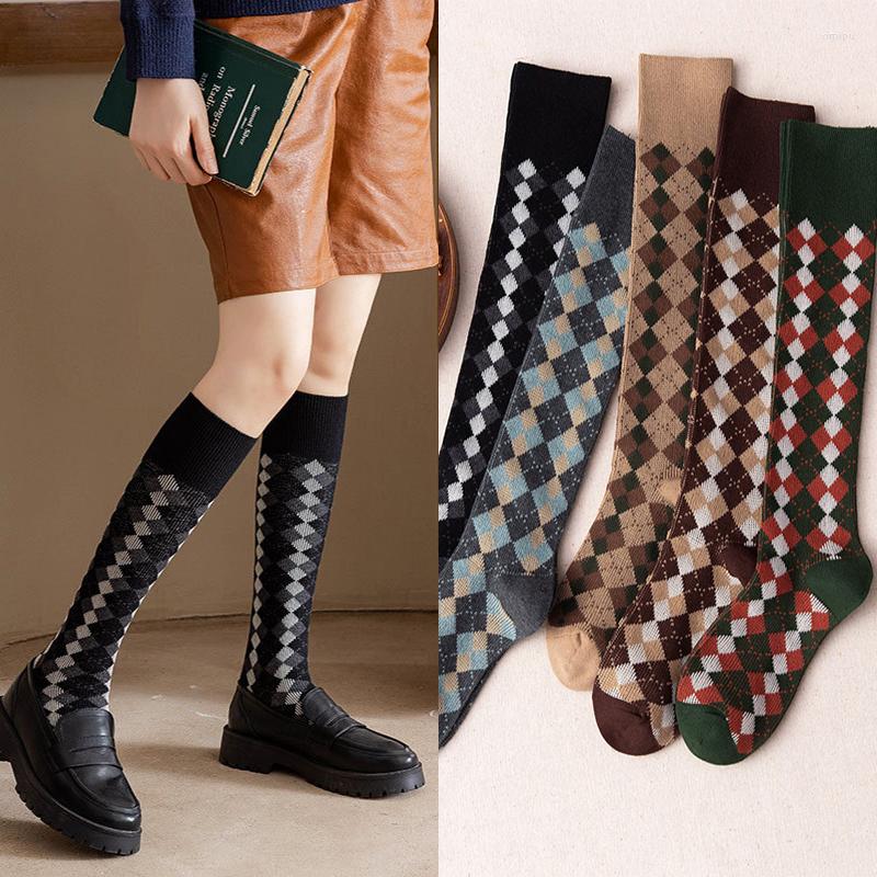 

Women Socks Retro Knee Japanese Diamond Plaid Cotton Calf