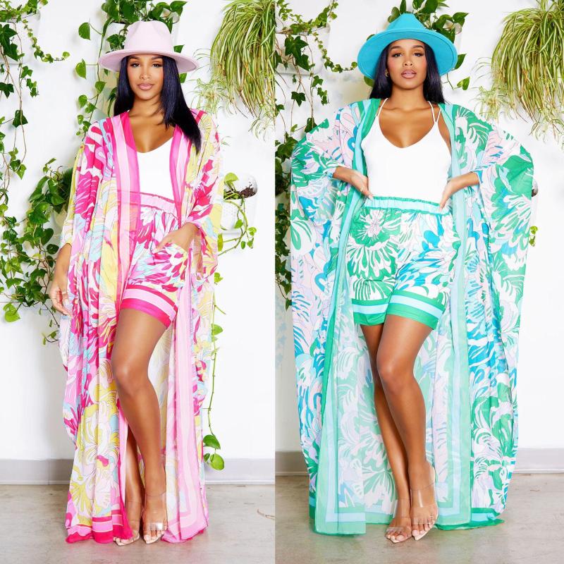 

Women' Tracksuits MOOVOOK 2023 Holiday Chiffon Printed Blouse Shorts Suit Sun Protection One-Sleeve Cardigan Beach Skirt Two-Piece Set, Green