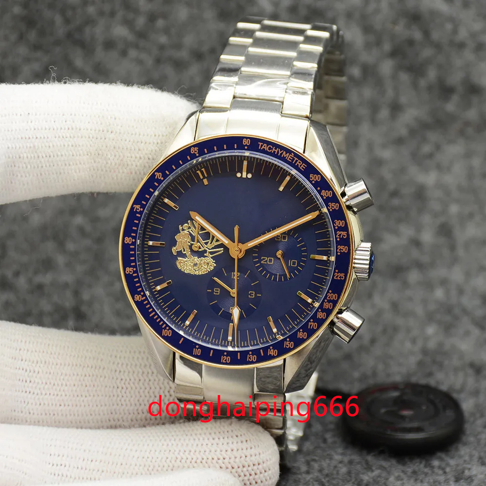 

Eyes on the stars Watch Chronograph sports Battery Power limited Two Tone Gold Blue Dial Quartz Professional Dive Wristwatch Stainless Steel Strap Men Watches 1970, 24