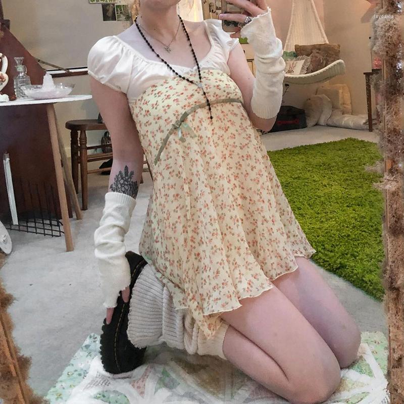 

Casual Dresses WeiYao Floral Print Fairycore Mesh For Women Summer 2023 Satin Patchwork Square Collar Vintage Kawaii Y2K Dress Mini, Picture shown