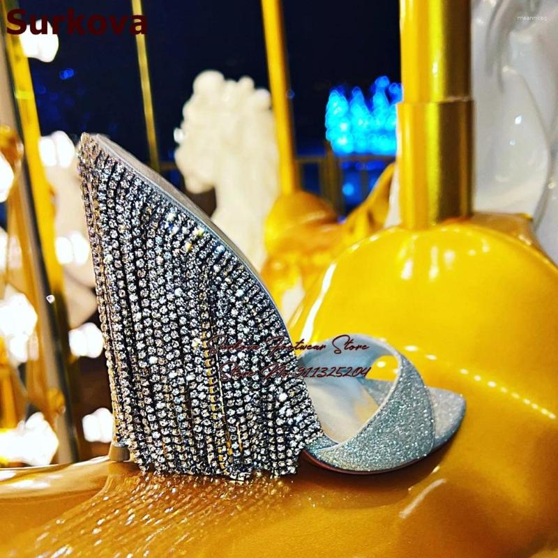 

Sandals Surkova Crystal Chain Fringe High Heel Silver Sequined Pointed Toe Slippers Glitter Rhinestone Tassel Wedding Shoes, Black