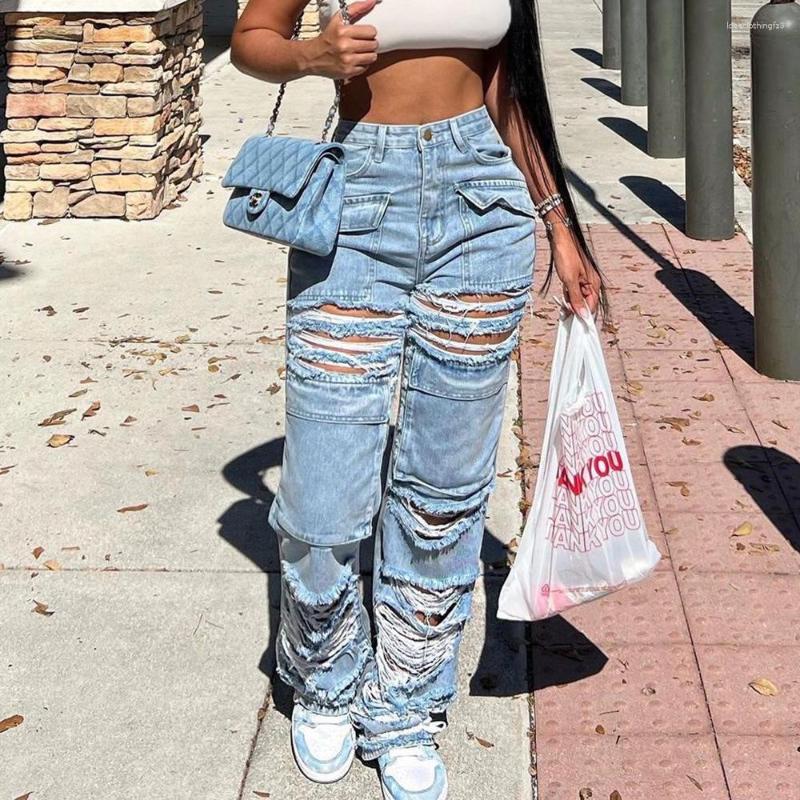 

Women' Jeans Fashion Ripped Hollow Out Tassel Pocket Denim Long Pants Women Young Sexy High Waist Patchwork Pockets Streetwear Wide Leg, Blue