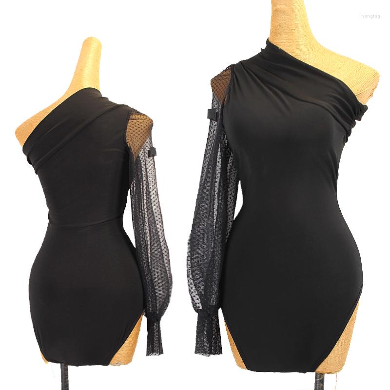 

Stage Wear Latin Modern Dance Women's Slanted Shoulder Lantern Sleeves Practice Clothes One Piece Dress, Black