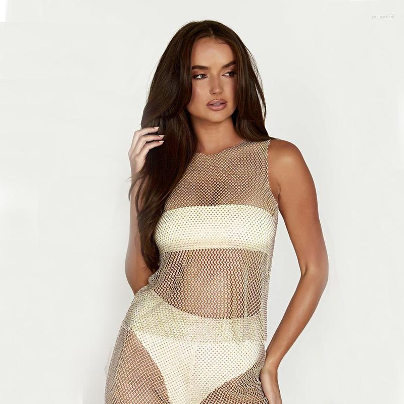 

Women's Tanks Summer Premium Rhinestone Black Mesh Sleeveless Top Fishnet Tank For Women, White