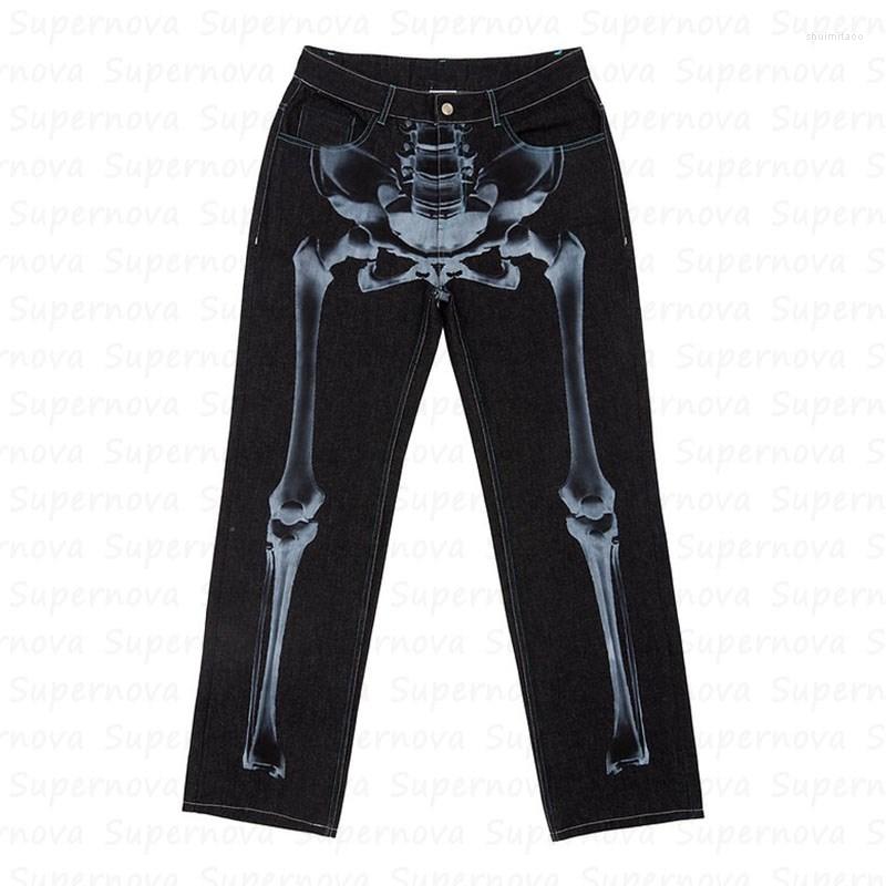 

Men' Jeans 2023 Retro Skull Print Washed And Trousers Y2K Straight Casual Belt Buckle Loose Street Pants, Black
