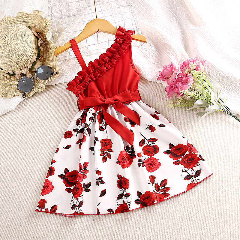 

Girl's Dresses Summer Girls' Knee-length Skirt Casual Style Polyester Diagonal Shoulder Suspender Asymmetrical Sleeveless Printed Dress Belt AA230531, Red