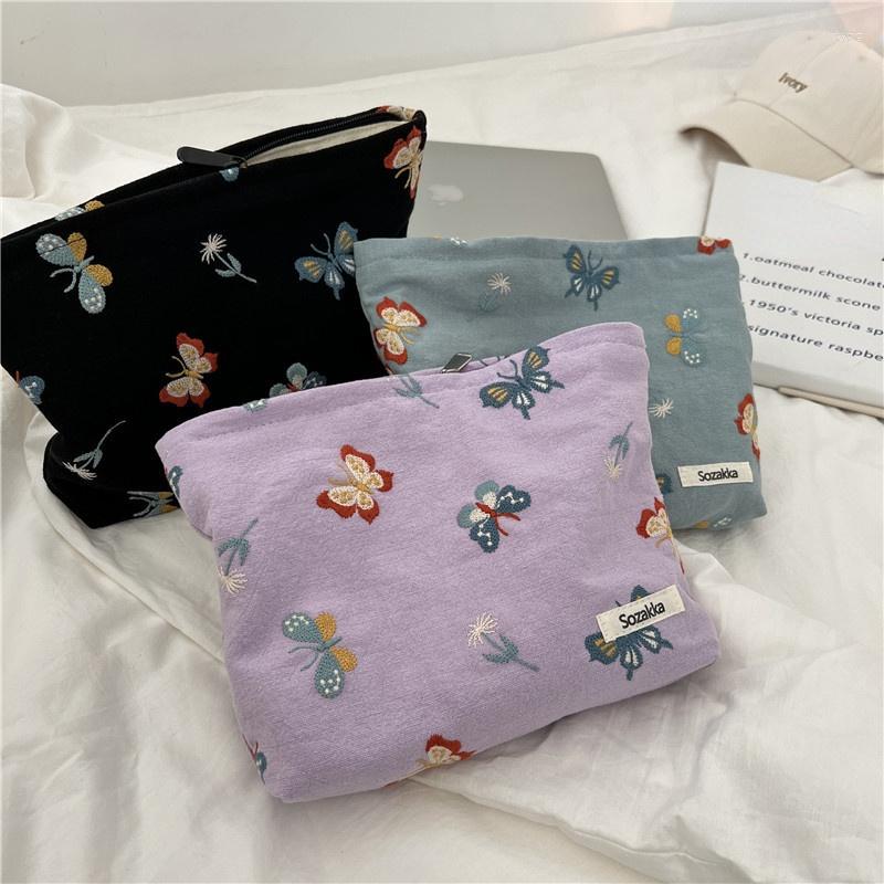 

Cosmetic Bags Large Makeup Organizer Bag Clutch Korean Cute Butterfly Embroidery Toiletry Pouch Women Beauty Case, Black