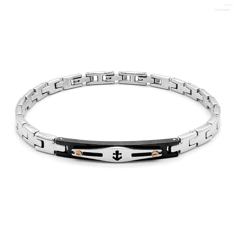 

Link Bracelets Runda Men's Bracelet Stainless Steel Chain With Black Wrist Bands Anchor Pattern Adjustable Size 22cm Mens