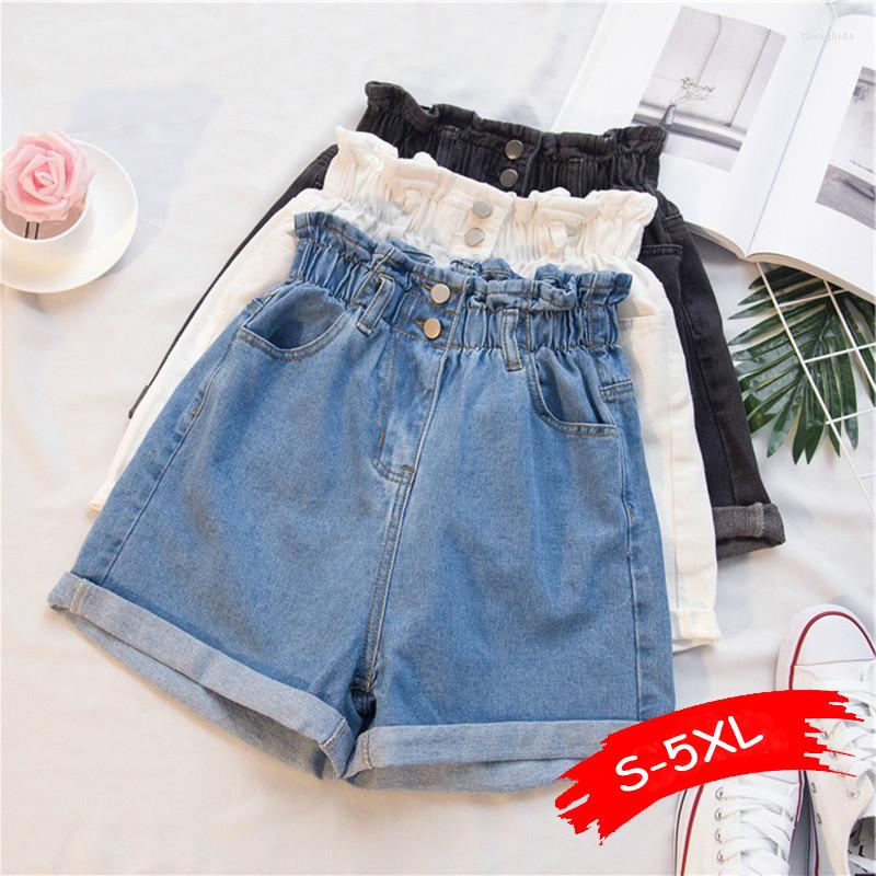

Women's Shorts Summer Blue Women Denim S- Harem Ruffled Black High Waisted Female Elastic Short Jeans, White