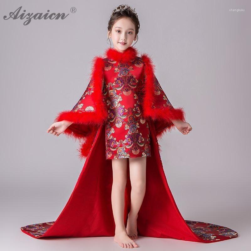 

Ethnic Clothing Winter Satin Girl Cheongsam Kids Princess Dress Children Trailing Evening Dresses Long Red Qipao Baby Chinese Year Clothes