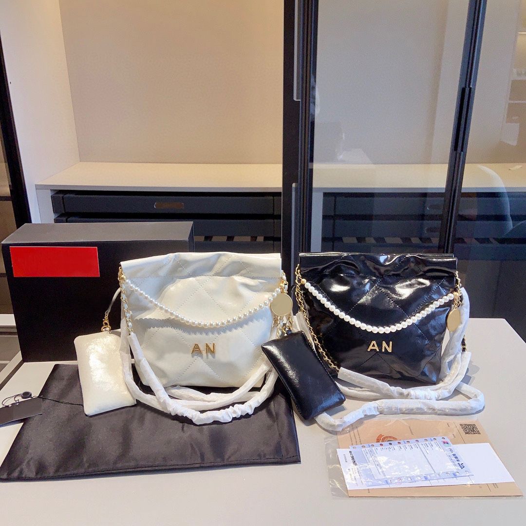 

rhombic leather cowhide shoulder bag mini pearl garbage chain women's Summer new designer bag small leather rope bag bag tote shou Obvn, Black