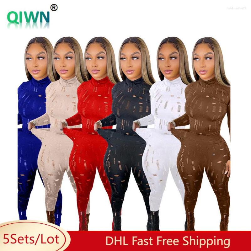 

Women's Two Piece Pants 5Sets Bulk Wholesale Sexy Hole Sets Women Long Sleeve Turtleneck Tops High Stretchy Tight Leggings Outfit 9198, Mix color