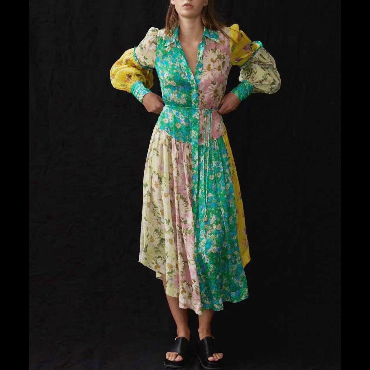 

Australian designer dress lantern sleeveless floral printed linen shirt dress, Multi