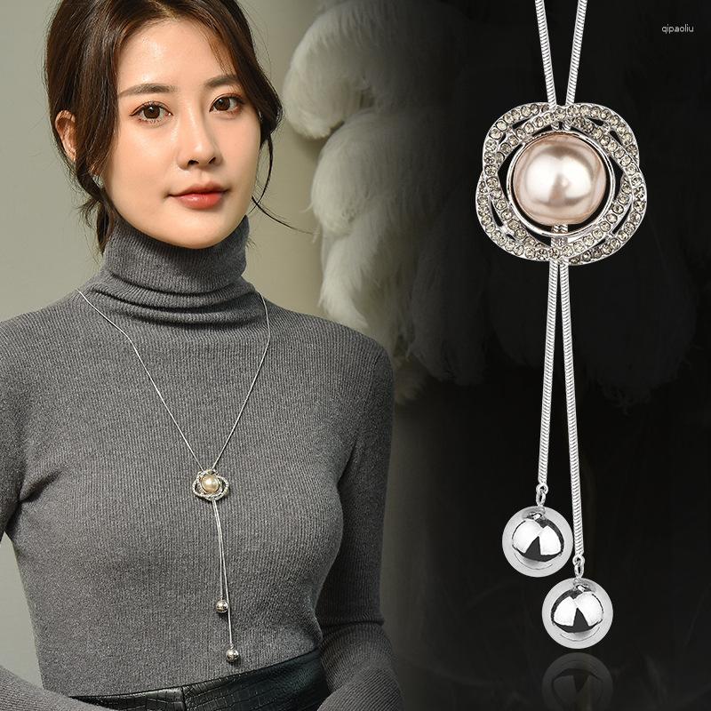 

Pendant Necklaces Fashion Crystal Pearl Sweater Chain Long Necklace Adjustable Flower Charm Jewelry For Women