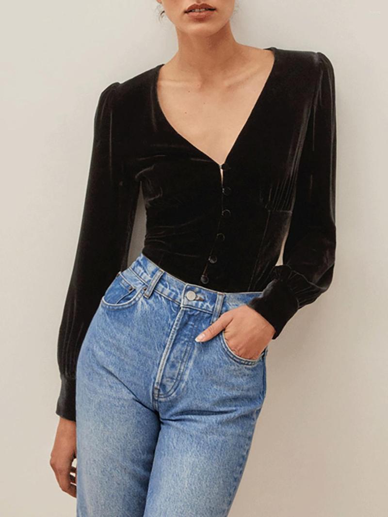 

Women' Blouses ZESSAM Black Velvet Women Shirt V-Neck Long Sleeve Button Slim Fit Female Top Casual Classic Vintage Lady Blouse 2023, Color 1