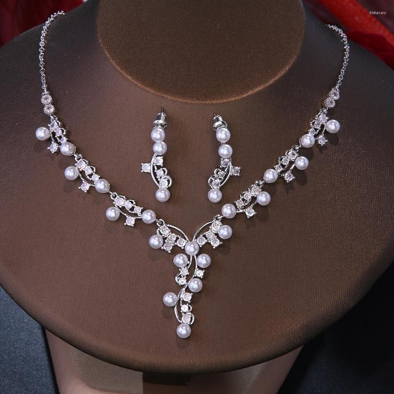 

Necklace Earrings Set CANPEL 2023 Gorgeous Cubic Zirconia Paved Fashion Pearl Party Wedding And For Women Accessory, Picture shown