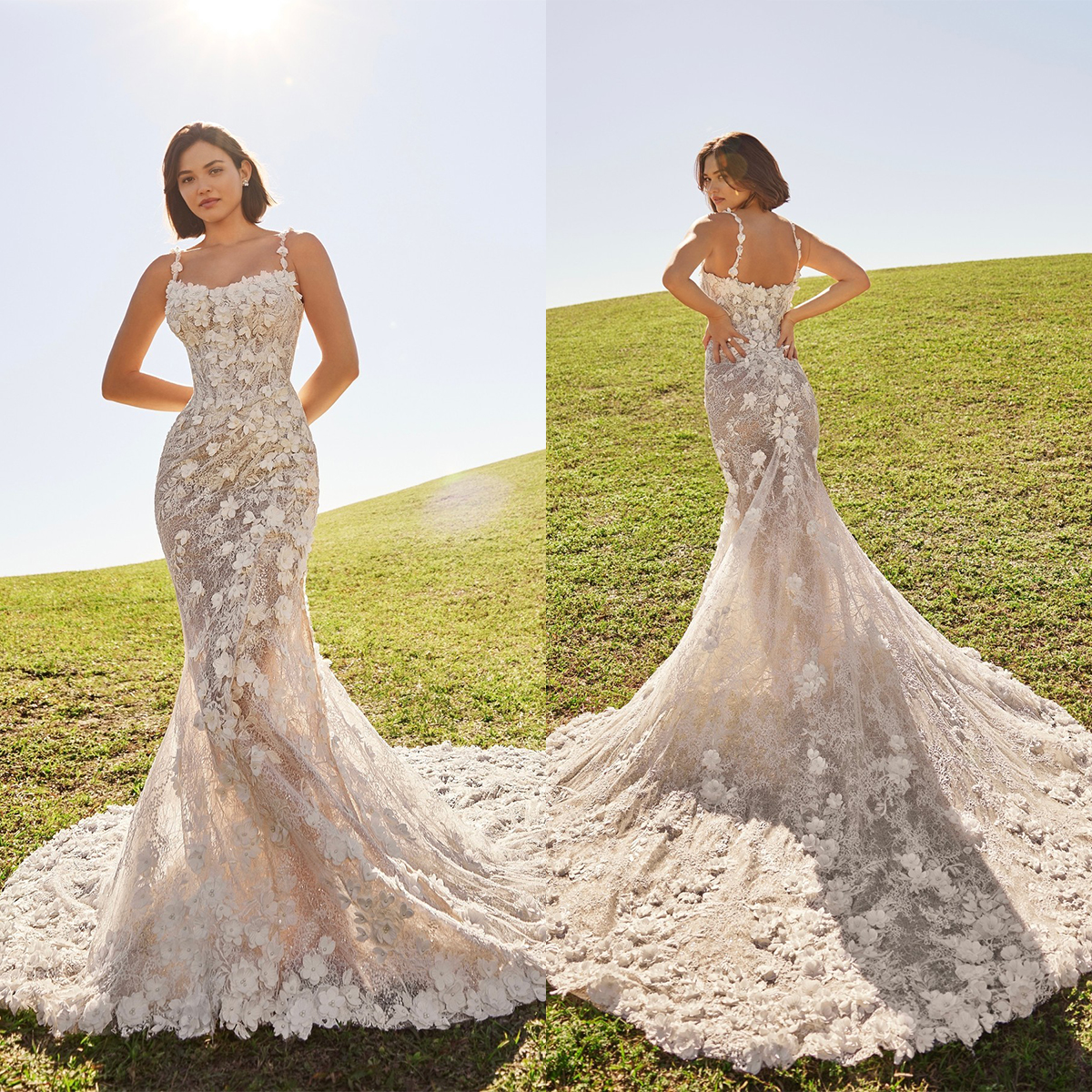 

3D-Flower Mermaid Wedding Dresses Sexy Backless Suspender Bridal Gown Mesh Lace Brush Train Robe De Vestido Customized Size, White