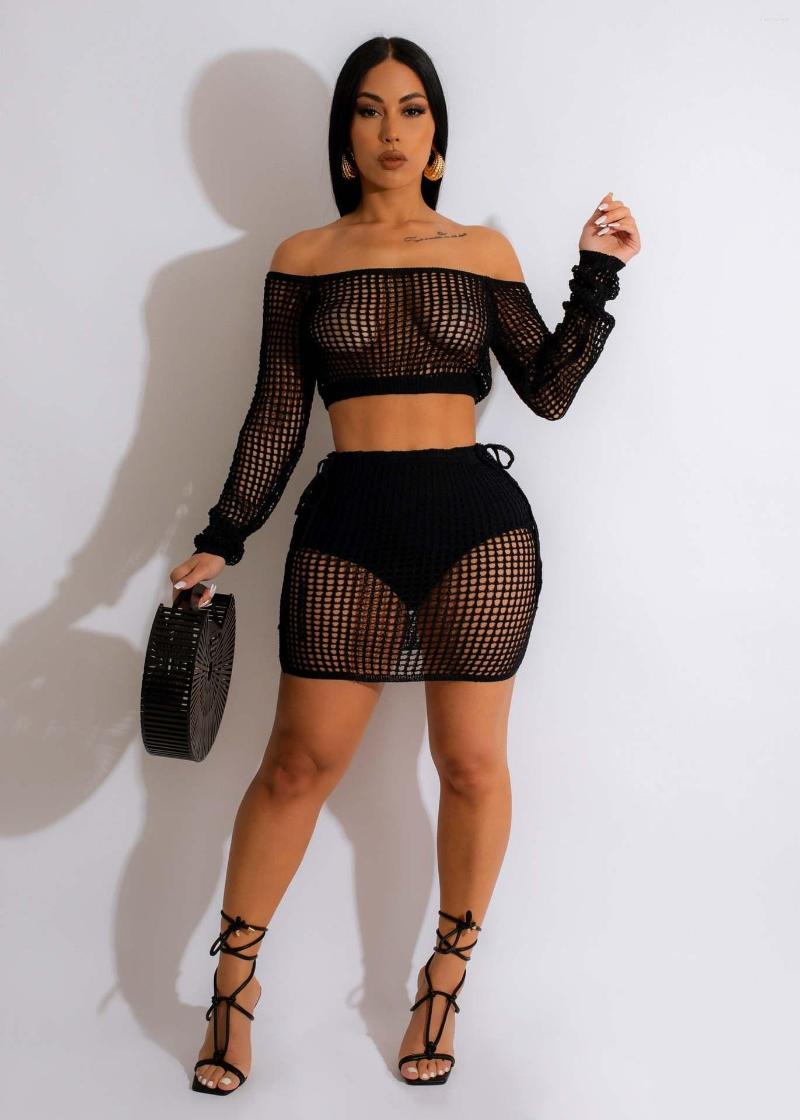 

Work Dresses AOSKM2023 Spring And Summer CM8664 Beach Fashion Hollowed Out Knitted Holiday Hook Belt Sunscreen Ladies Skirt Suit, Beige