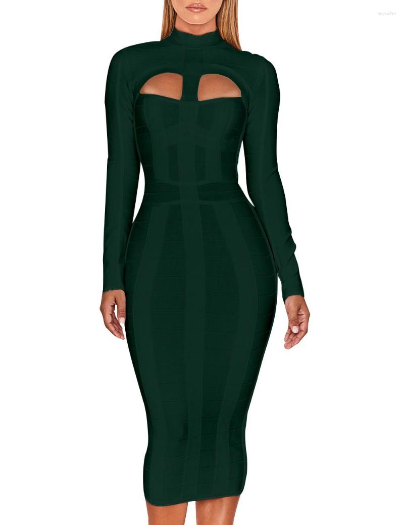 

Casual Dresses High Neck Bandage Dress 2023 Autumn Winter Long Sleeve Bodycon Women Midi Sexy Party Evening Club Outfits, Green