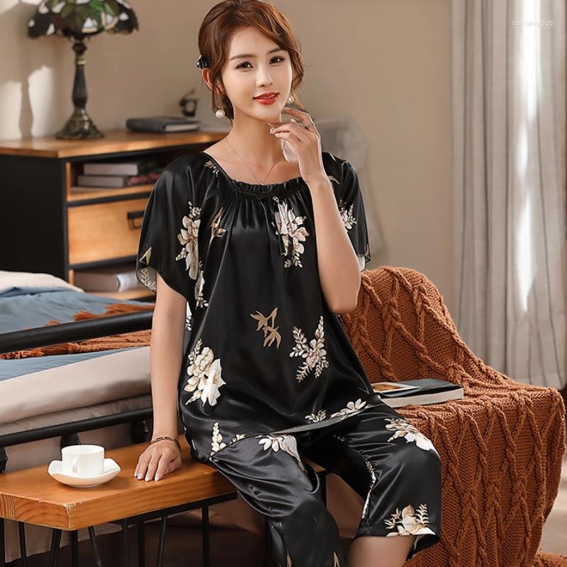 

Women's Sleepwear Big M-4XL Ladies CAPRIS Female Faux Silk Pajama Sets Pyjamas Women's Loungewear Floral Pijama Mujer Satin Nightwear, W1