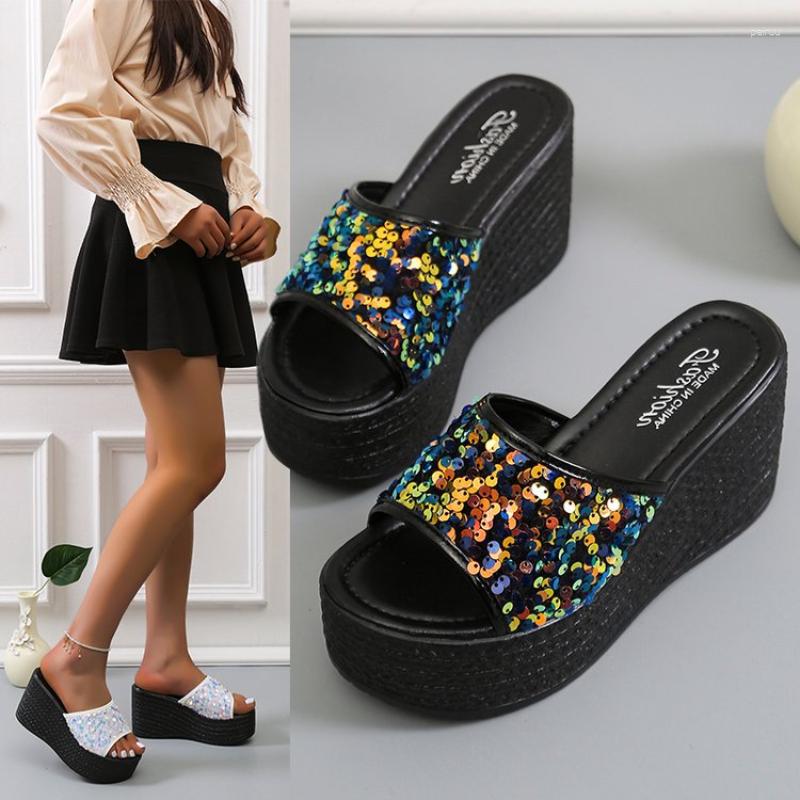 

Slippers Summer Large Size Women Shoes Fashion Sequin Fish Mouth Thick Sole Wedges High Heeled For Zapatos Mujer, Gold