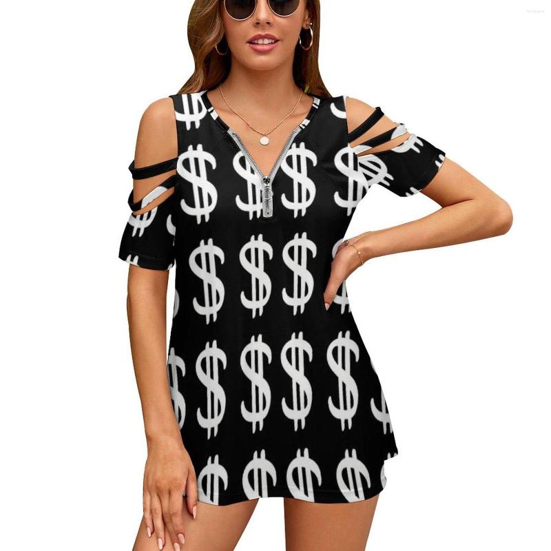 

Women's T Shirts Dollar Sign Design-Dollar Symbol Black And White Women'S T-Shirt Summer Fashion Print Floral V-Neck Zipper Tshirt, Nz019