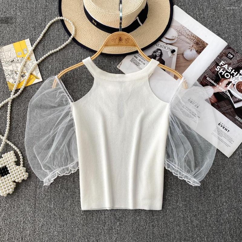 

Women's T Shirts Summer Organza Bubble Short Sleeved Patchwork Neck Hanging Off Shoulder Slim Knit Top, Black