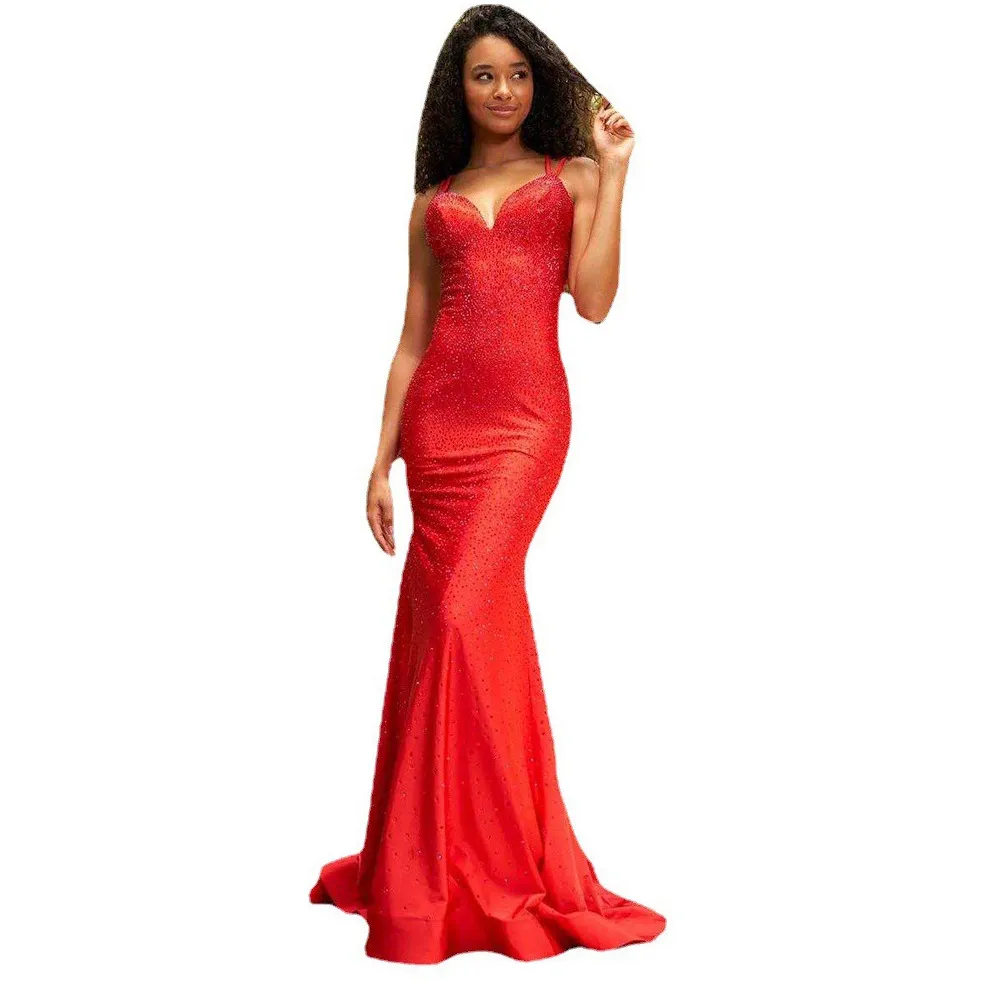 

Mermaid Evening Dresses Vestido Spaghetti Straps sequined Applique formal dress Covered Buttons Mermaid Long Prom Gowns, Red