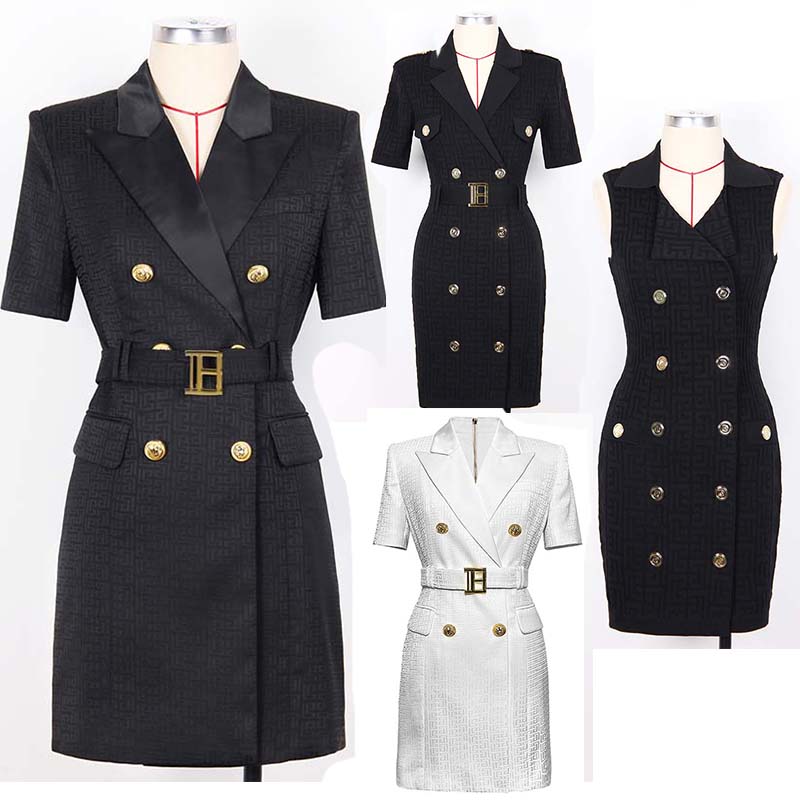 

Women Two Piece Dress Simple Elegan Slim Dresses With Golden Buckles Formal Dres Office Wear Long Sleeves and Short Sleeves Clothes Plus Size, 15