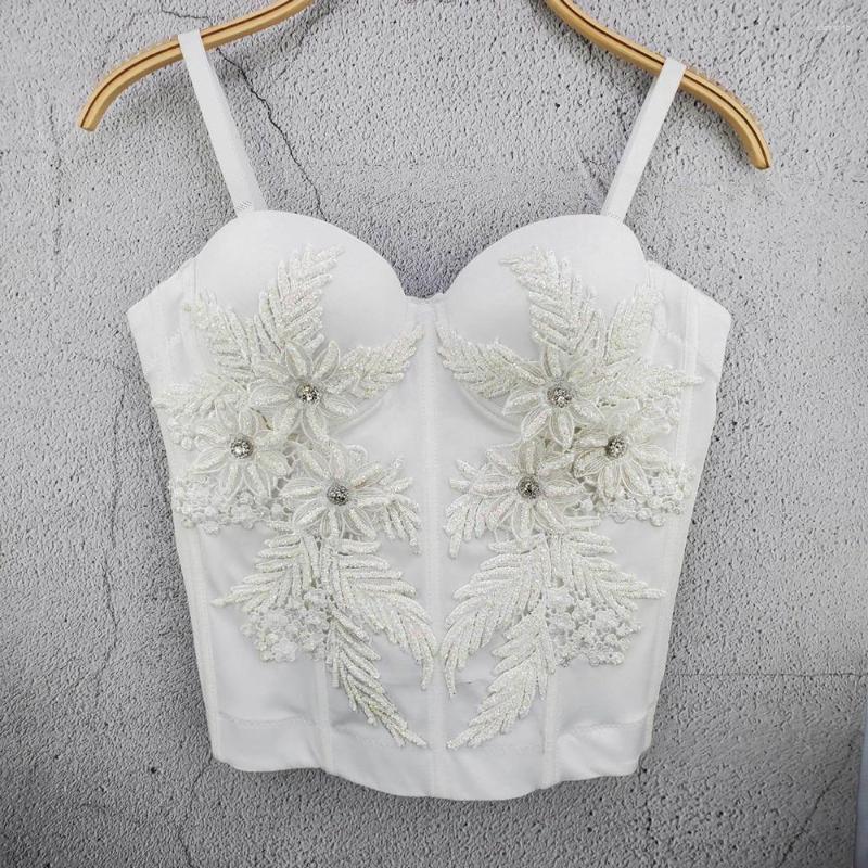 

Women' Tanks 10050030015 Rhinestones Flower Embroidered Women Crop Top Bustier Long Corset Bralette Camisole Removable Strap Vest Black