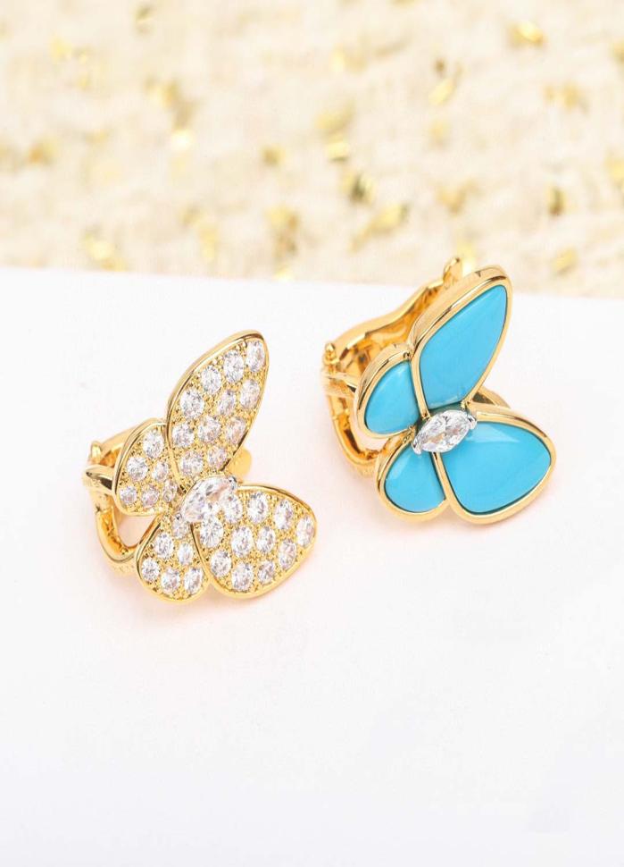

S925 silver Charm clipper earring with diamond and blue turquoise stone butterfly shape have box stamp PS40217942524