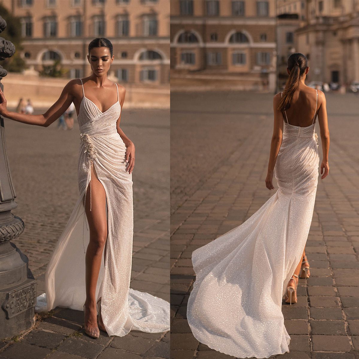 

Simple Spaghetti Lace Mermaid Wedding Dress Side Split Sequined Arabic Trumpet Bridal Gowns Robe De Soiree, Dark navy