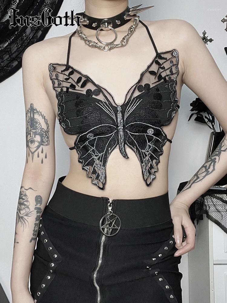 

Women's Tanks InsGoth Gothic Butterfly Lace Crop Tops Women Y2K Harajuku Backless Spaghetti Straps See Through Camisole Summer Streetwear, Black