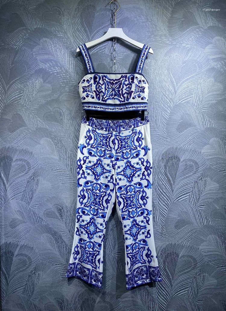

Women' Two Piece Pants Women Sets 2 Pcs /Suit Blue Floral Print Sexy Cami High Waist Long Clothing Pieces Size XL