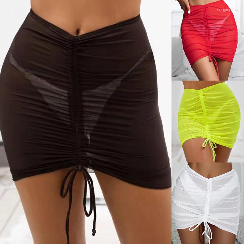 

Women's Swimwear Women Mesh Swimsuit Cover Up Sheer Skirt Drawstring Beach Wrap Bikini For, White