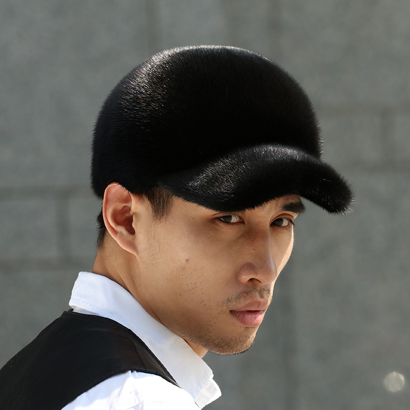 

Men's Real Mink Fur Hat Whole Pelt Fur Hat Headgear Peaked Cap Outdoor Ski Winter Warm Cap, Black