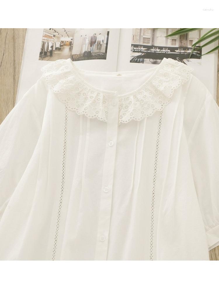 

Women' Blouses Lamtrip Sweet Pleated Folds Hollow Out Single Breasted White Cotton Short Sleeve Shirt Mori Blouse 2023 Summer