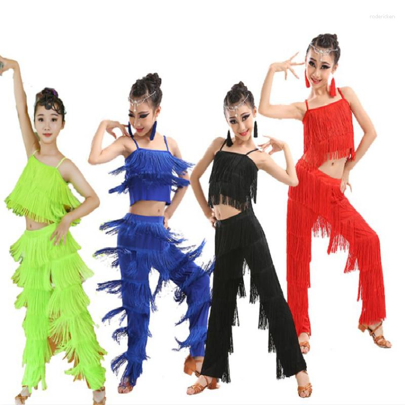 

Stage Wear 2023 Children Latin Dance Dress Girls Performance Competition Costumes Sleeveless Tops Tassel Pants Suit, Blue