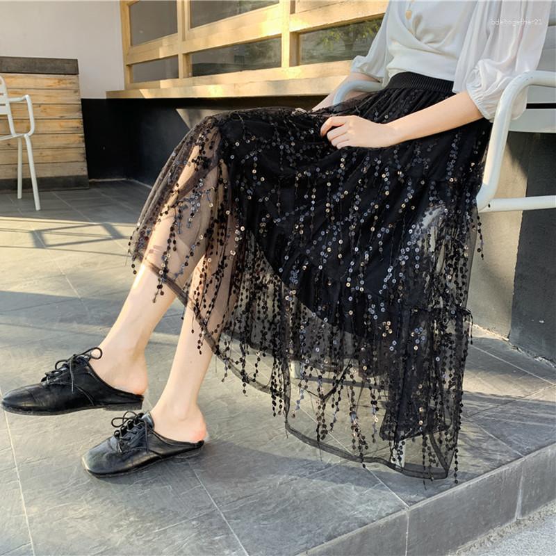 

Skirts 2023 Heavy Industry Wheat Ear Sequins Fringed Yarn Fashion Skirt Women's Spring Mid-Length High Waist A-Line Beach Mesh, Blue