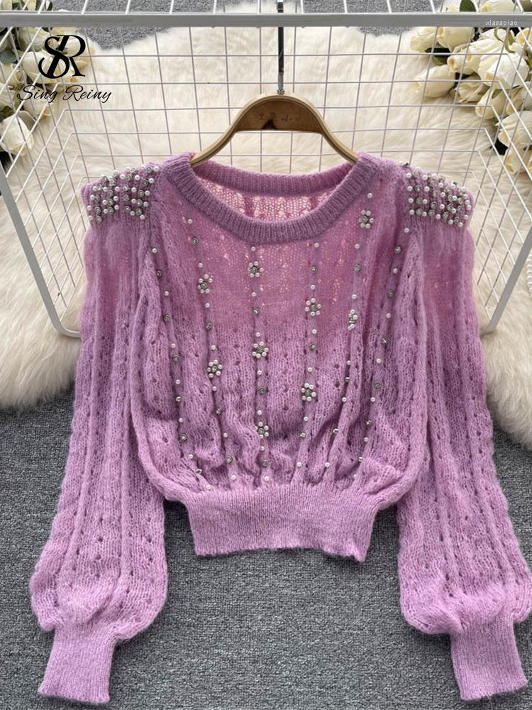 

Women's Sweaters SINGREINY Fashion Beading Ladies Sweater Top Women Lantern Sleeve Elastic Short Knit Blouse 2023 Winter Streetwear Pullover, Purple