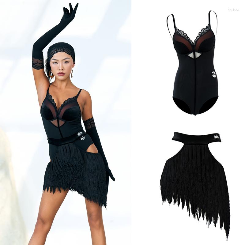 

Stage Wear Sexy Latin Dance Clothing Women Lace Top Hollow Out Tassels Skirts Adults Samba Rumba Chacha Costume SL8380, Black top