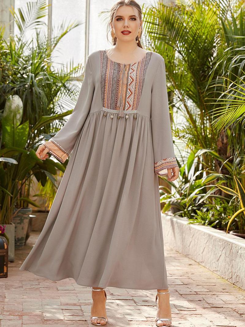 

Ethnic Clothing Plus Size Dubai Arabic Muslim Woman Kimono Abaya Dress Grey Tassel Moroccan Kaftan Robe Turkish Islamic Jalabiya Printing