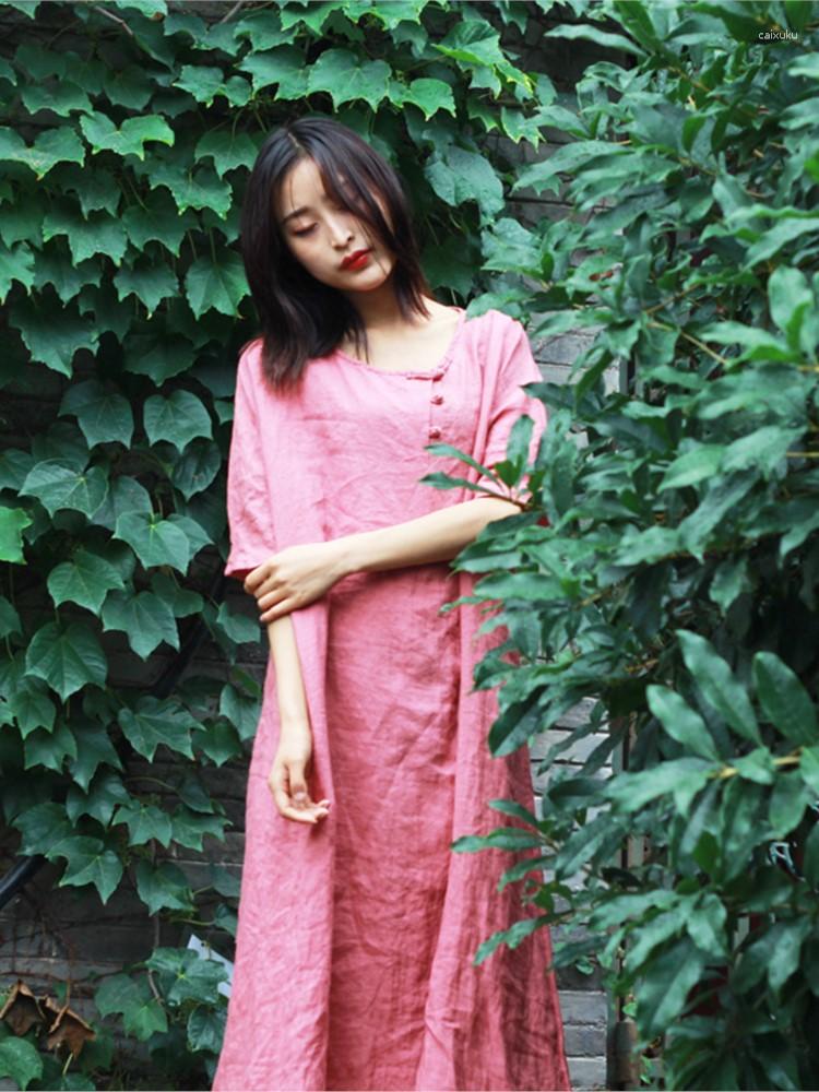 

Party Dresses Women Summer Ramie Dress Ladies Loose Solid Color Vintage Female 2023 Short Sleeve, Pink