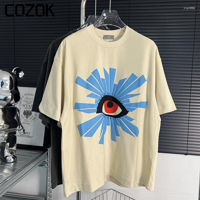 

Men's T Shirts Puff Eye Graphic Print Vintage Shirt Men Women Summer High Street American Distress Oversize Short Sleeves Cotton Top 2023, Beige