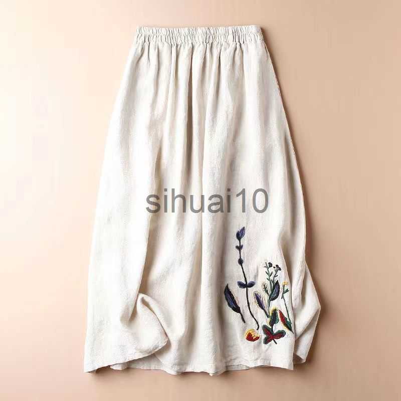 

Skirts Retro Cotton and Linen Summer Skirt Women's 2022 New Embroidered Solid Color Large Swing Skirt All-match Thin Long Ladies Skirt J230621, Black