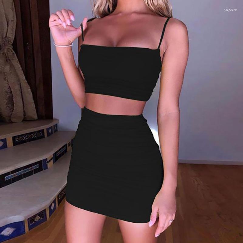 

Work Dresses BKLD Fashion Ruched Camis Two Piece Sets Sexy Summer Club Outfits Women Spaghetti Strap Backless Crop Top And Bodycon Mini, Black