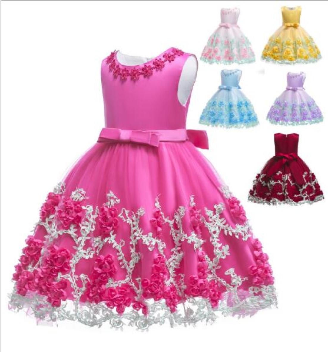 

1pcs Baby Girls Pearl flower mesh lace patchwork Princess Dress Kids Ruffle Pleated Party Dress wedding dress christening dresses 4273625, Pink