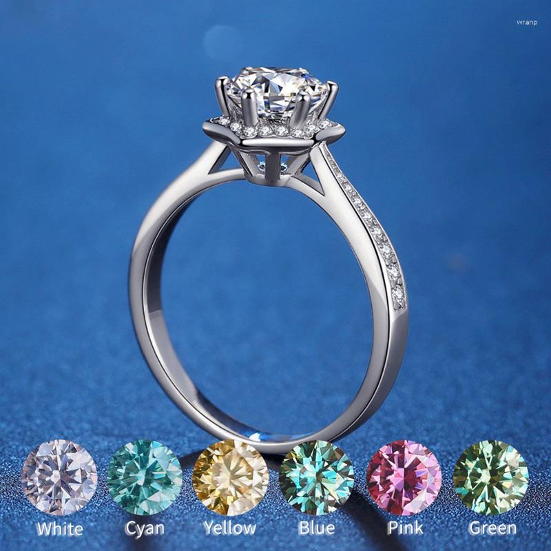 

Cluster Rings On Sale Moissanite Ring For Women 1CT 6.5MM S925 Sterling Silver Jewelry Color D VVS1 3EX Blue Green Pink Red Yellow Diamonds